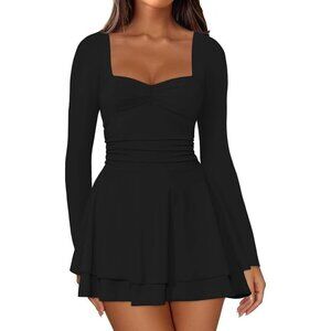 Women's Black Square Neck Mini Dress Long Sleeves Ruched Corset Waist Ruffle hem